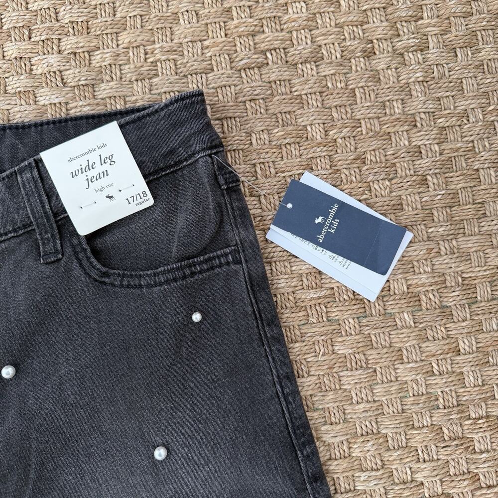 NWT Abercrombie Kids High Rise Wide Leg Black Wash Pearl Jeans Sz 17/18 - Picture 3 of 12